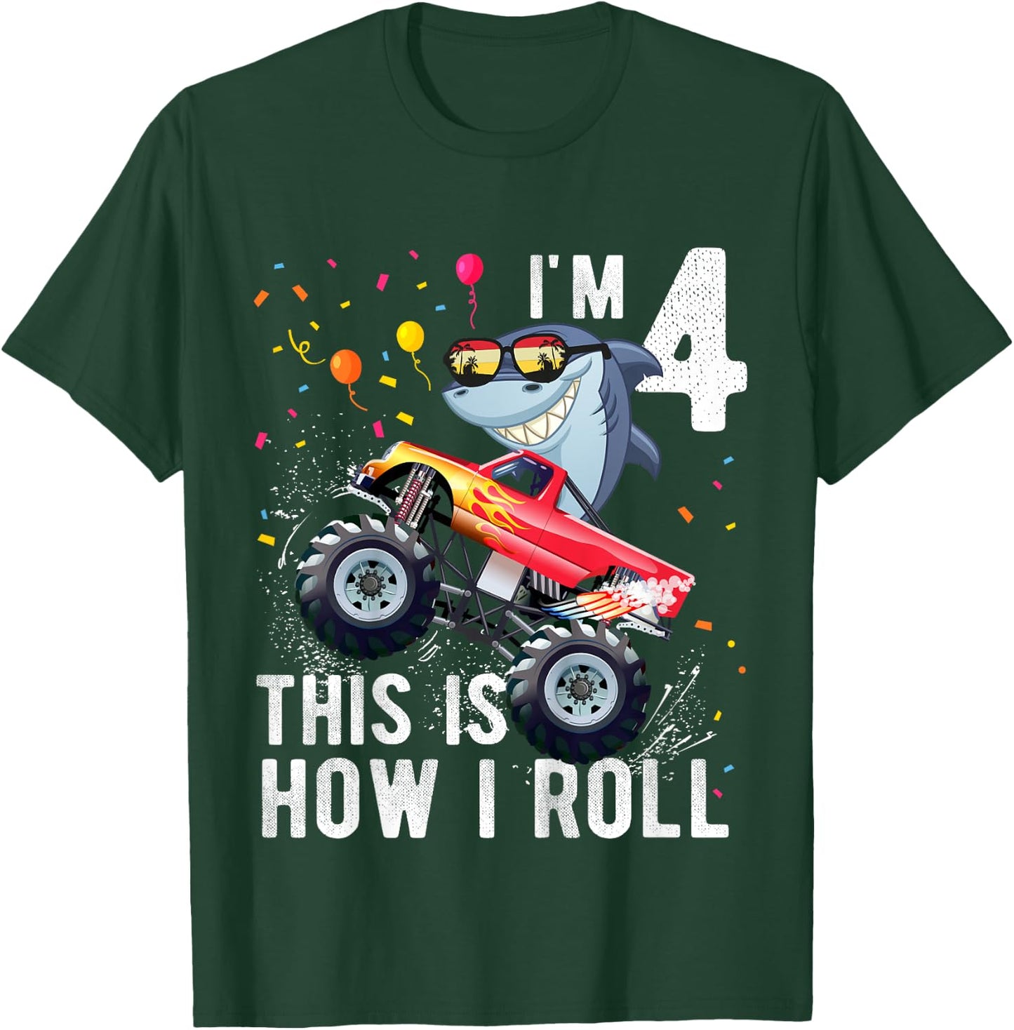 Shark Monster Truck 4th Birthday Boys and Girls T-Shirt - T-Shirt | Forest
