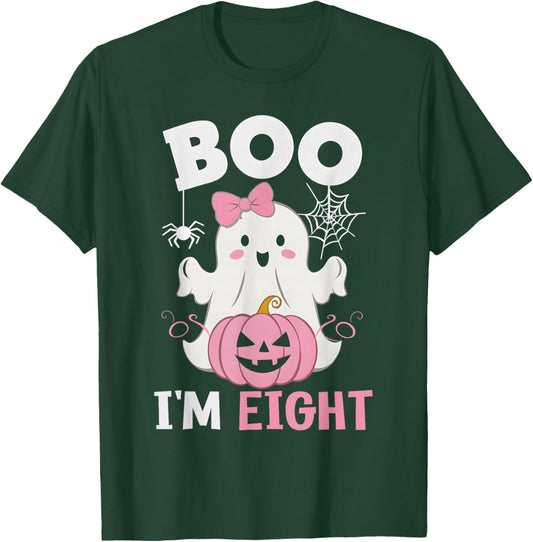 Ghost Boo I'm Eight Year 8th Birthday Girls Halloween Groovy T-Shirt - T-Shirt | Forest