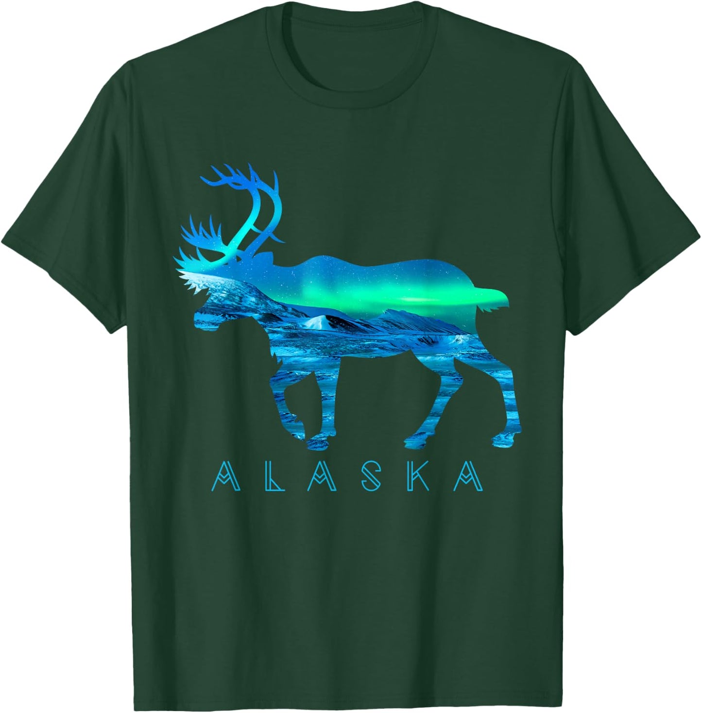 Alaskan Caribou with Aurora Borealis Scene Reindeer Tourist T-Shirt - T-Shirt | Forest