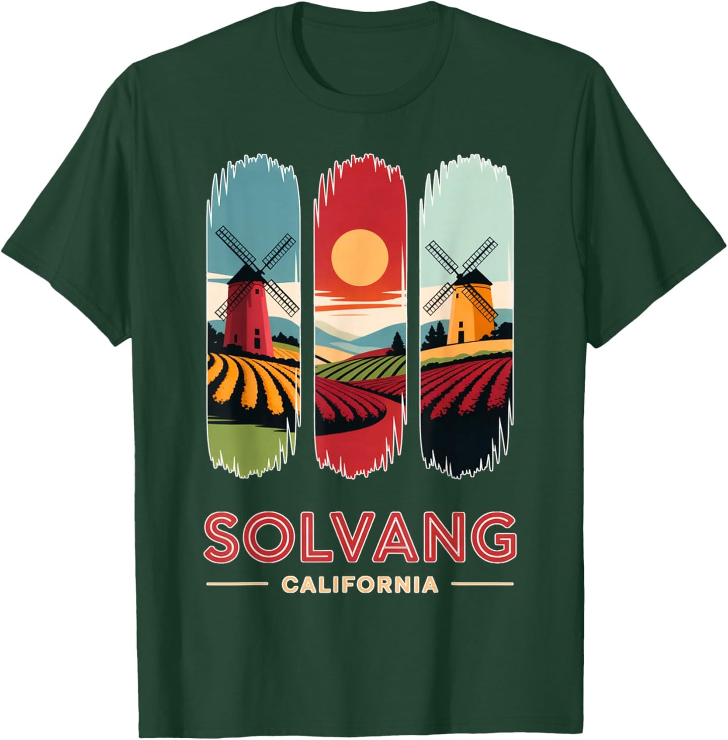 Solvang California Windmills Vintage Travel Landscape Art T-Shirt - T-Shirt | Forest