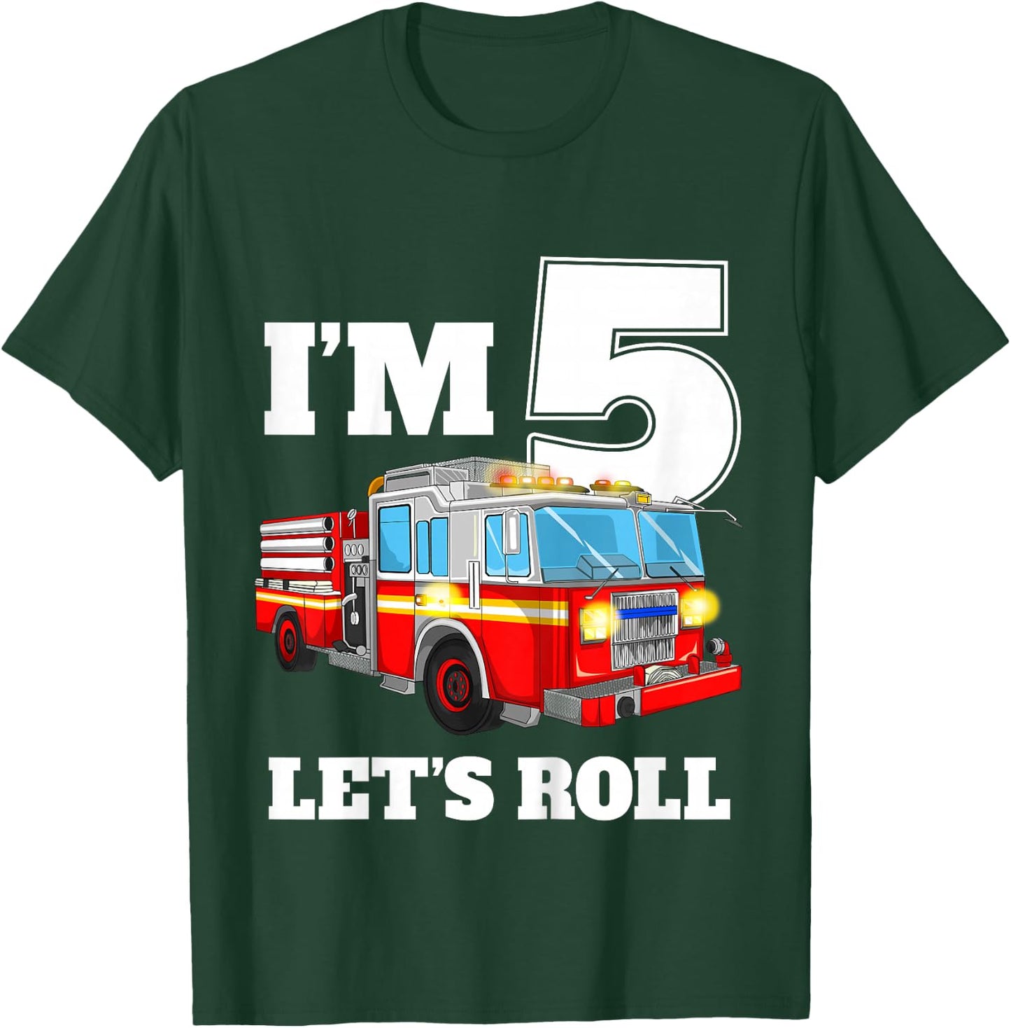 Kids Fire Truck 5th Birthday Boy 5 Year Old Five Firefighter T-Shirt - T-Shirt | Forest