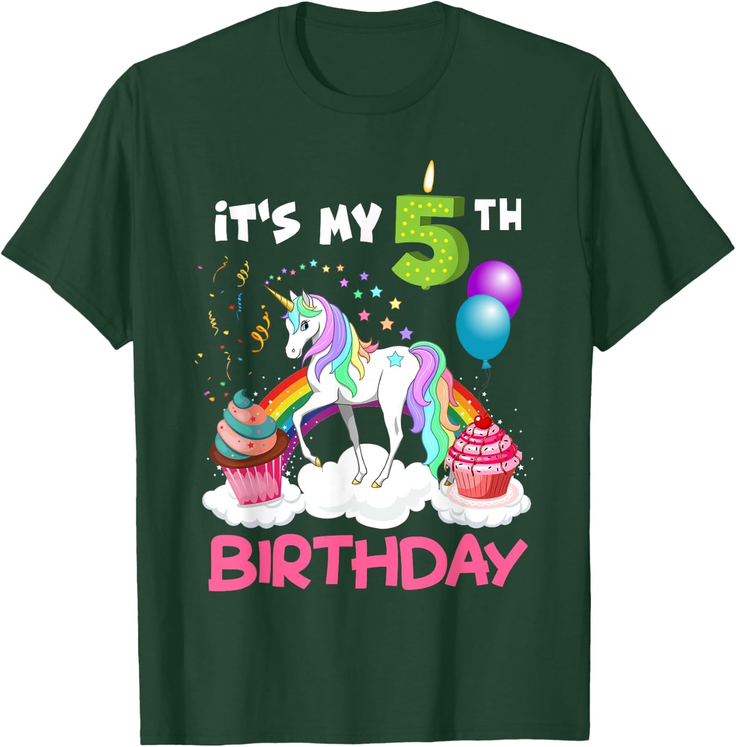 Cute It's My Fifth Birthday Unicorn Five Year Old Girl's T-Shirt - T-Shirt | Forest