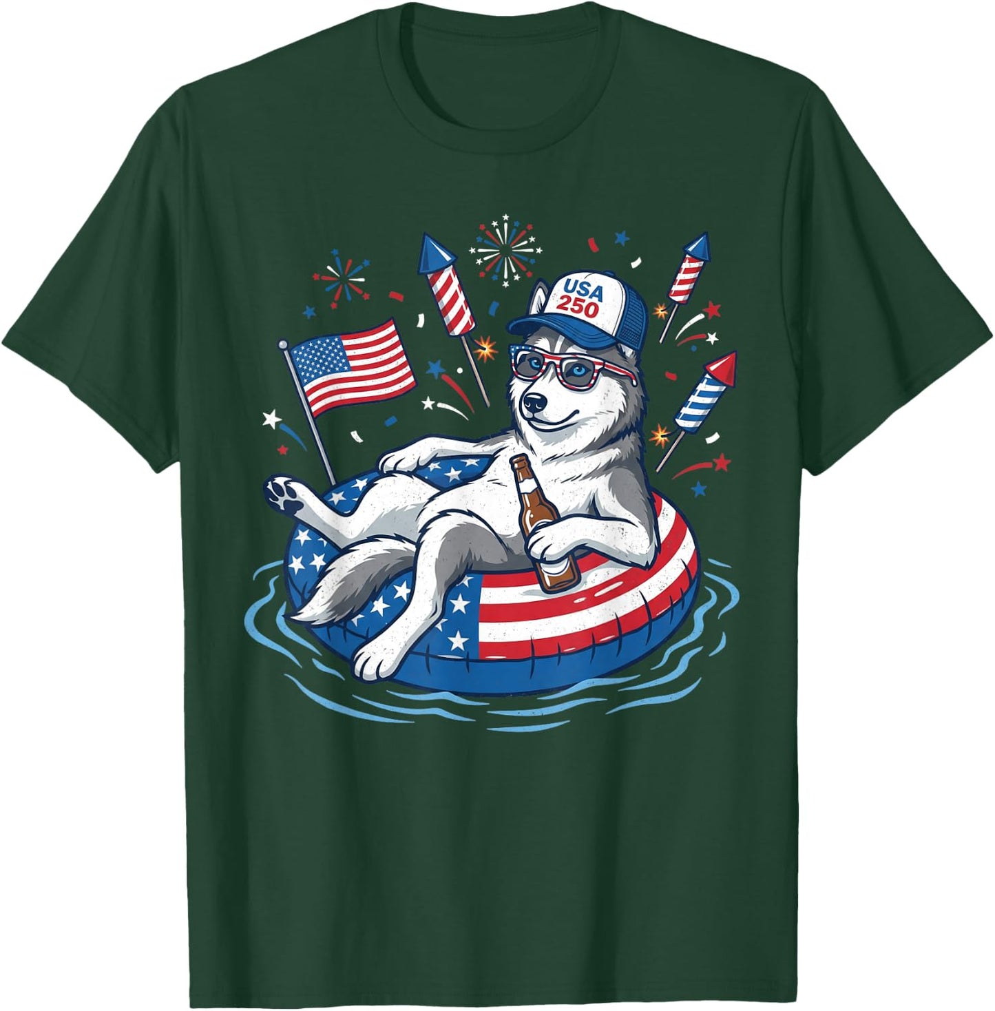 Patriotic Siberian Husky Beer Floatie USA Flag 4th of July T-Shirt - T-Shirt | Forest