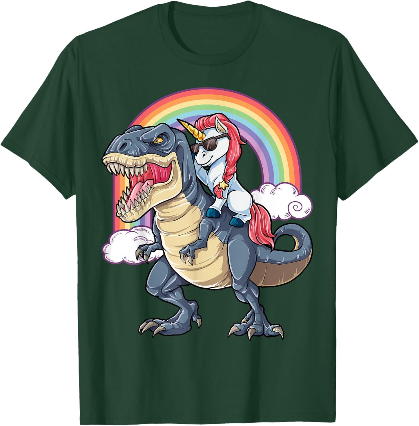 Unicorn Riding Dinosaur T rex Shirt Boys Girls Kids Rainbow T-Shirt - T-Shirt | Forest