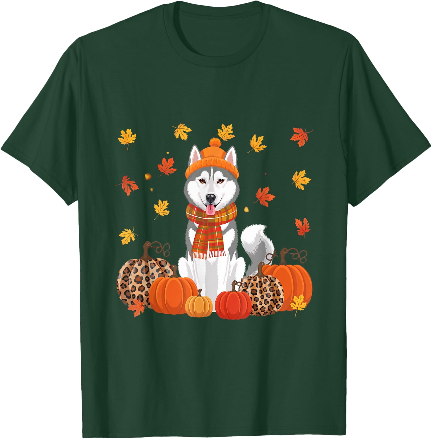 Fall Husky Pumpkins Leaves Autumn Halloween Thanksgiving T-Shirt - T-Shirt | Forest