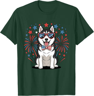 Cute Siberian Husky USA Flag Patriotic Dog Lover 4th of July T-Shirt - T-Shirt | Forest