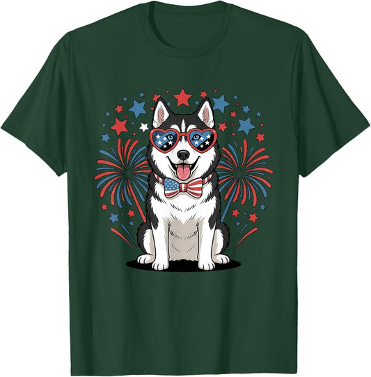 Cute Siberian Husky USA Flag Patriotic Dog Lover 4th of July T-Shirt - T-Shirt | Forest