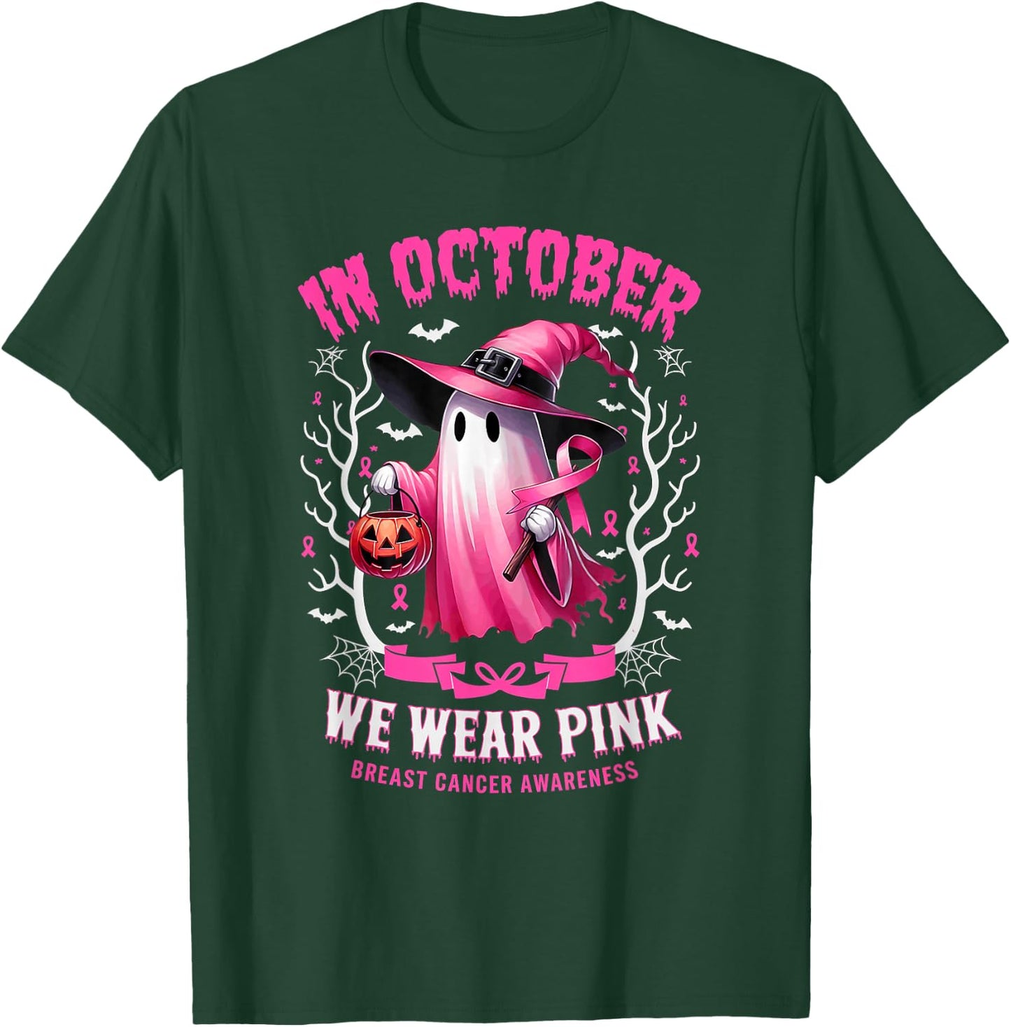 In October We Wear Pink Ghost Witch Breast Cancer Awareness T-Shirt - T-Shirt | Forest