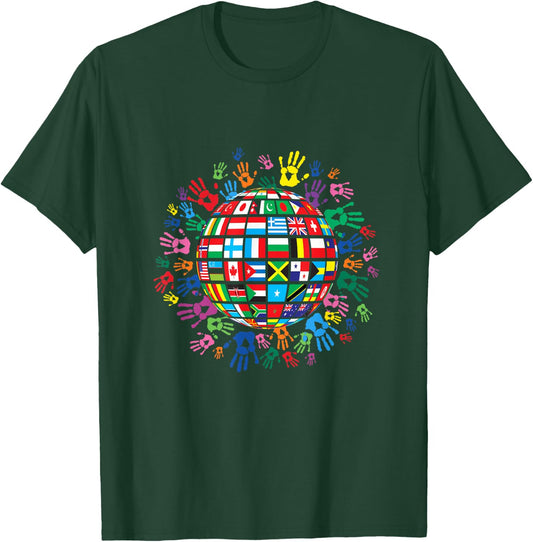 Flags of the World with Colorful Handprints T-Shirt - T-Shirt | Forest