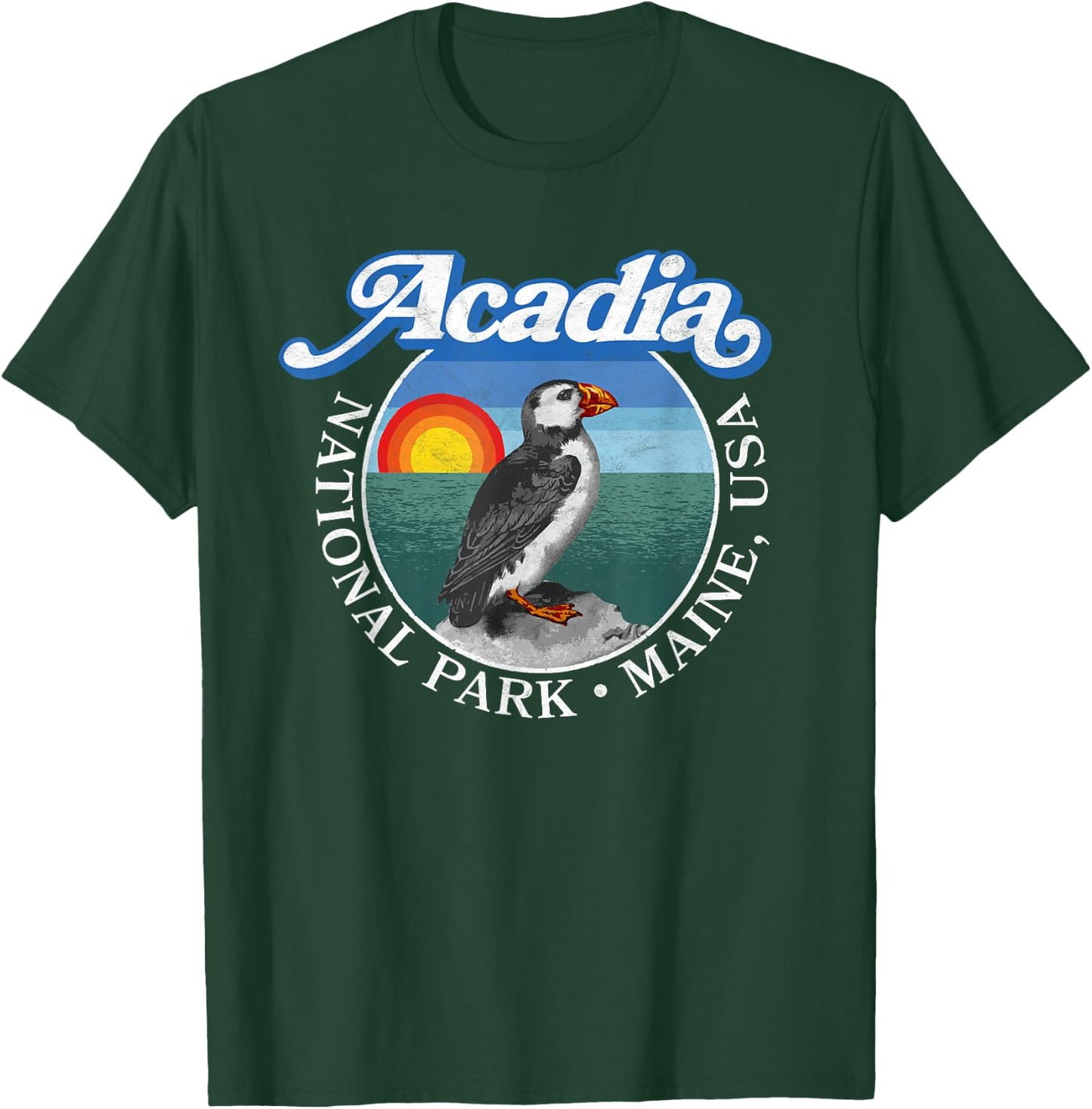 Retro Acadia National Park Vintage Maine Puffin Graphic T-Shirt - T-Shirt | Forest