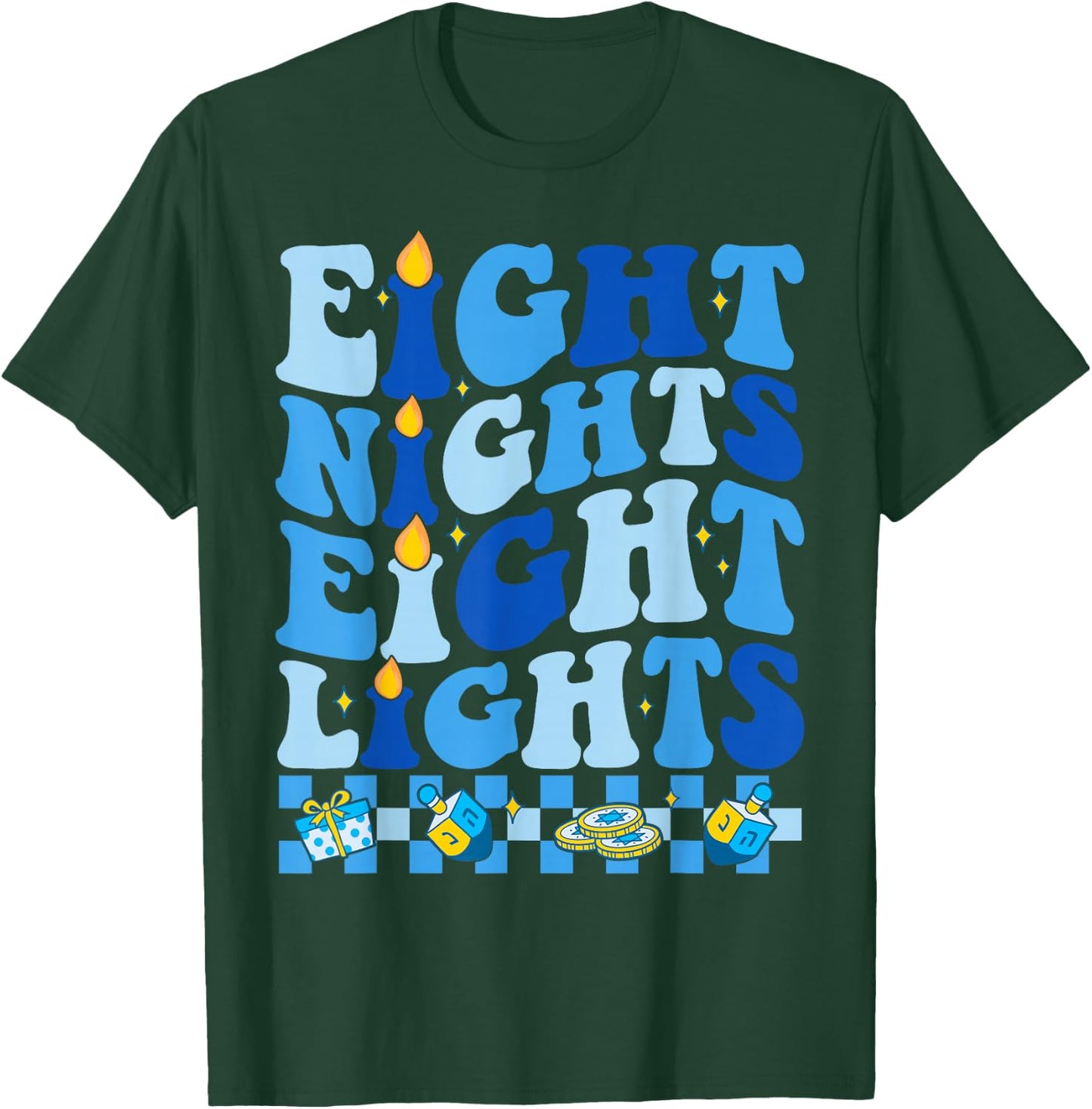 Retro Groovy Eight Nights and Eight Lights Happy Hanukkah T-Shirt - T-Shirt | Forest