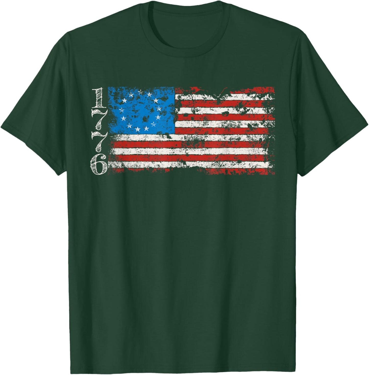 Betsy Ross 1776 13 Stars Distressed USA Patriotic Flag T-Shirt - T-Shirt | Forest
