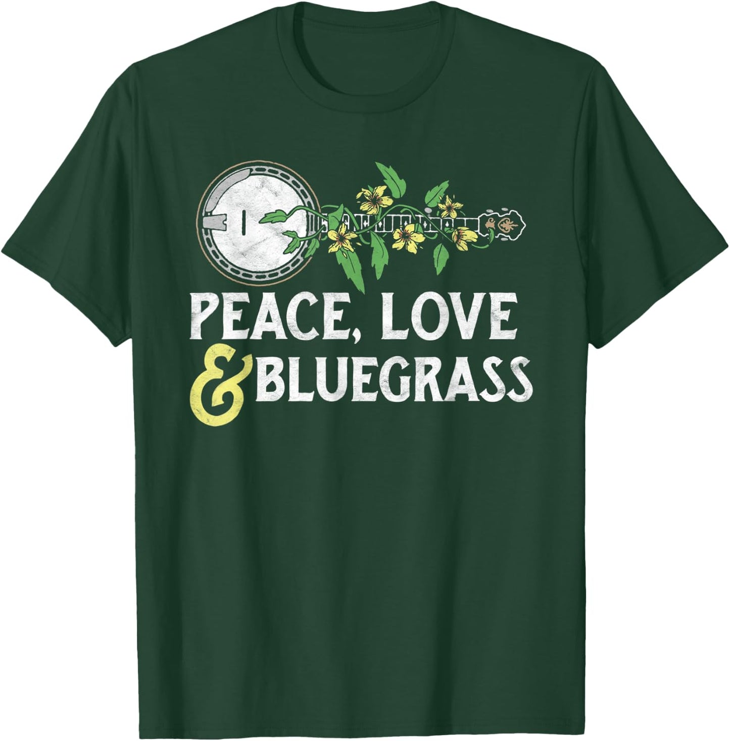 Peace , Love & Bluegrass - Banjo Nature Vines Illustration T-Shirt - T-Shirt | Forest