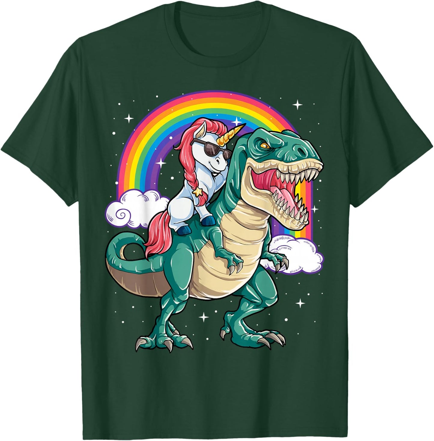 Unicorn Riding T rex Dinosaur Boys Girls Men Women Rainbow Small T-Shirt - T-Shirt | Forest