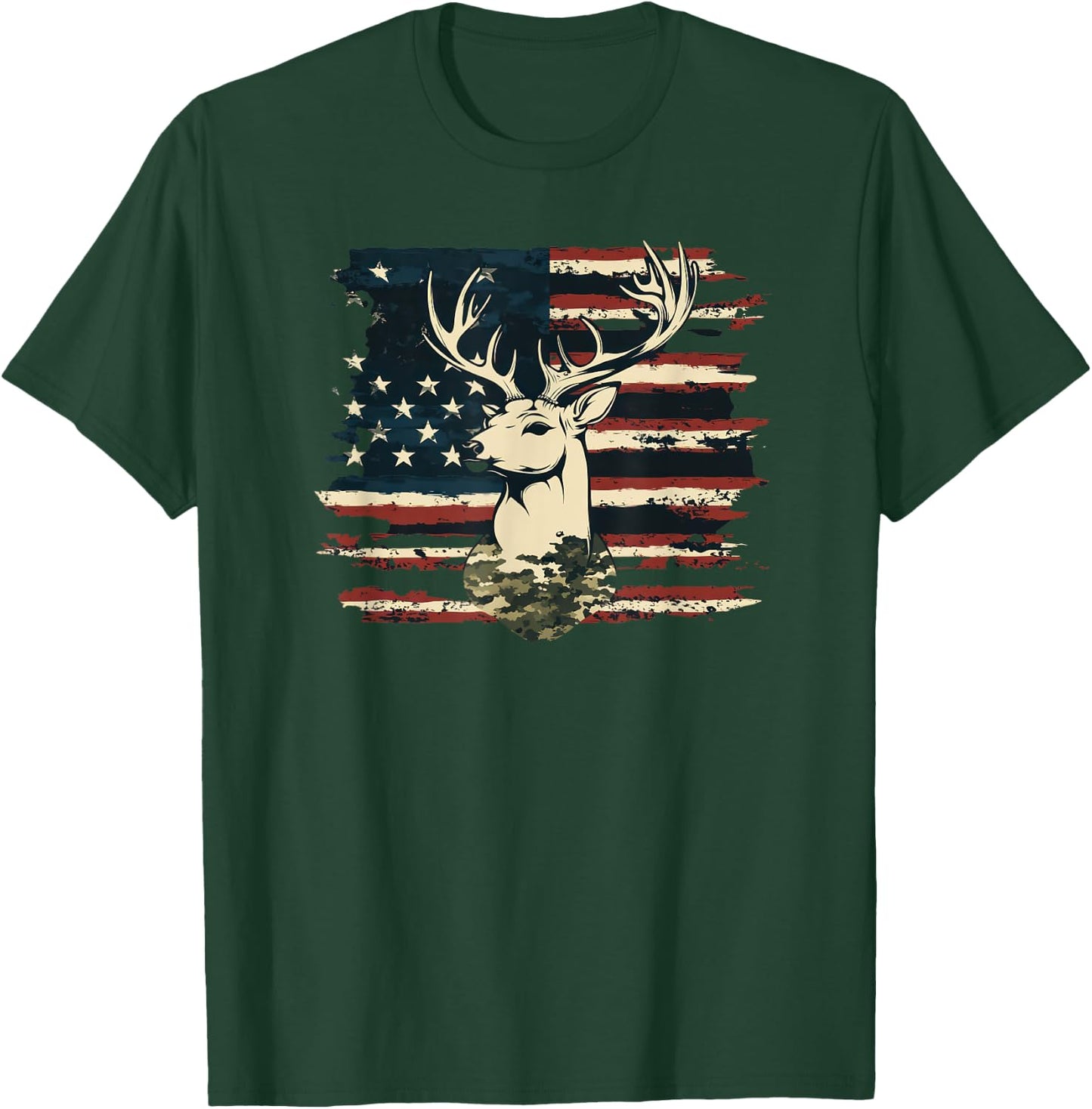 Deer Camo USA Flag Deer Elk Buck Hunting Graphic T-Shirt - T-Shirt | Forest