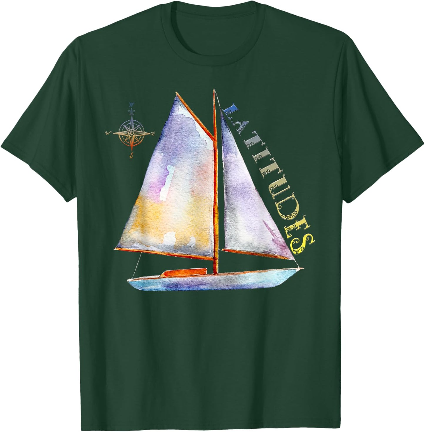 Watercolor Sailboat with Compass and LATITUDES Sailing T-Shirt - T-Shirt | Forest