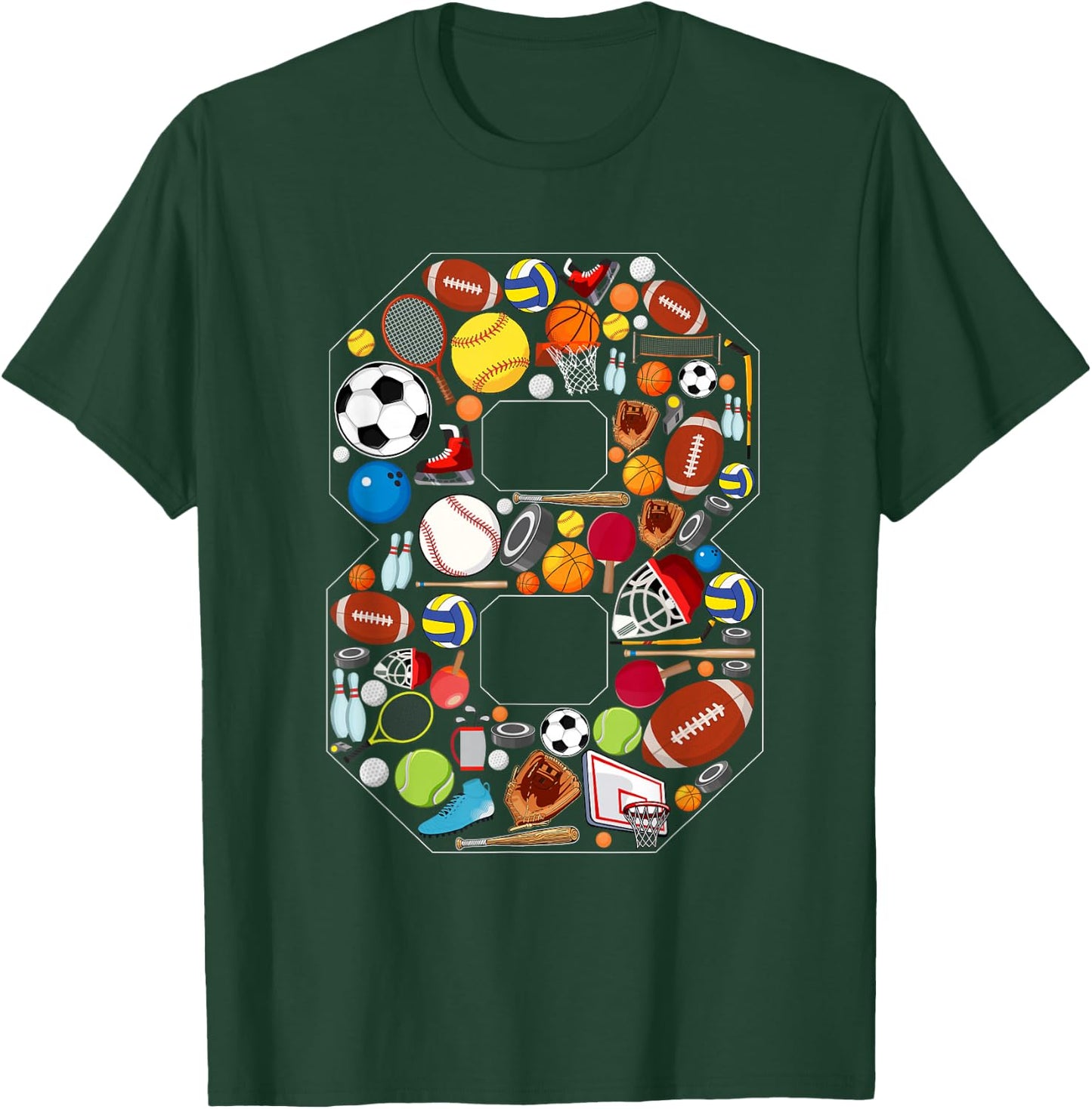 8th Birthday Sports Theme 8 Year Old Boy Girl Birthday T-Shirt - T-Shirt | Forest