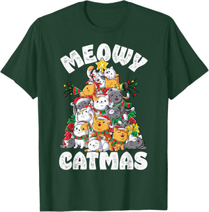 Meowy Catmas Cat Christmas Tree Xmas Girls Boys Funny Santa Short Sleeve T-Shirt - T-Shirt | Forest