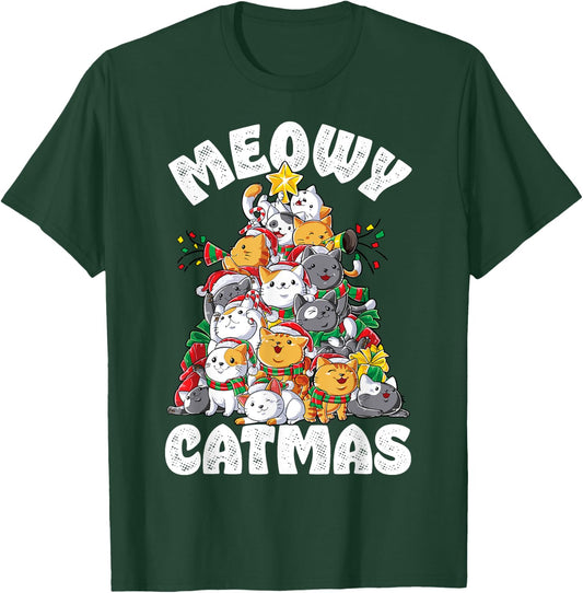 Meowy Catmas Cat Christmas Tree Xmas Girls Boys Funny Santa Short Sleeve T-Shirt - T-Shirt | Forest