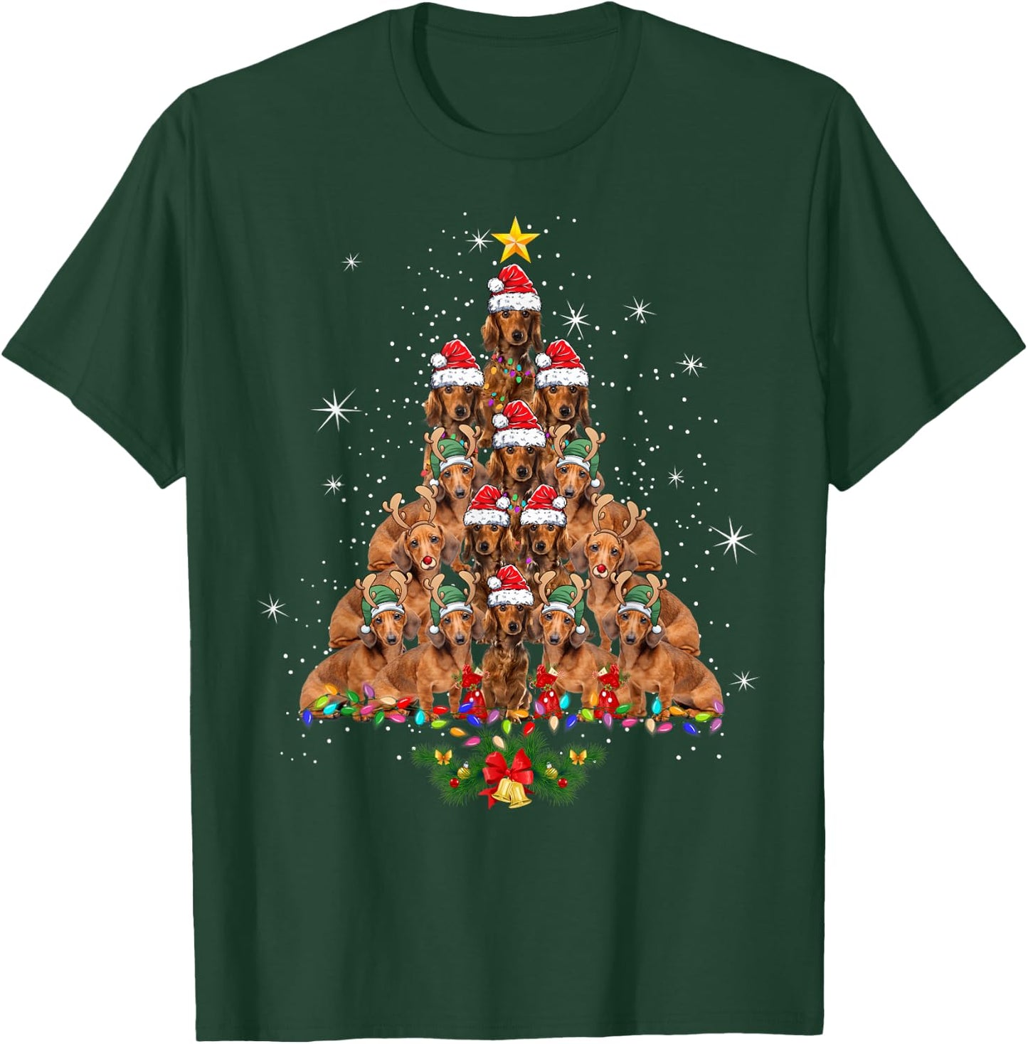 Dachshund Christmas Tree Dog Xmas Lights Pajamas Funny T-Shirt - T-Shirt | Forest