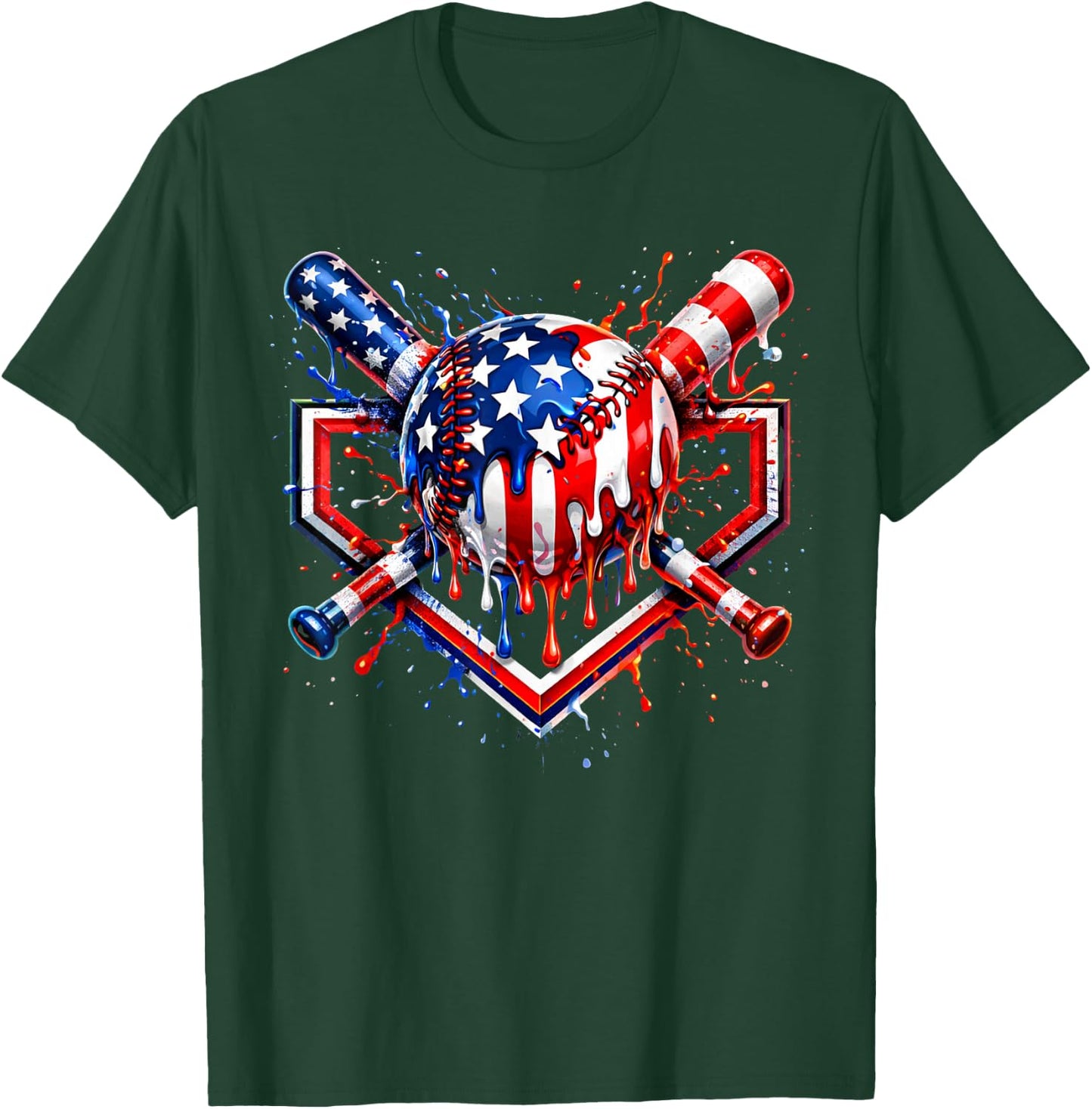 4th of July Baseball Drip American Flag Baseball 4th of July T-Shirt - T-Shirt | Forest