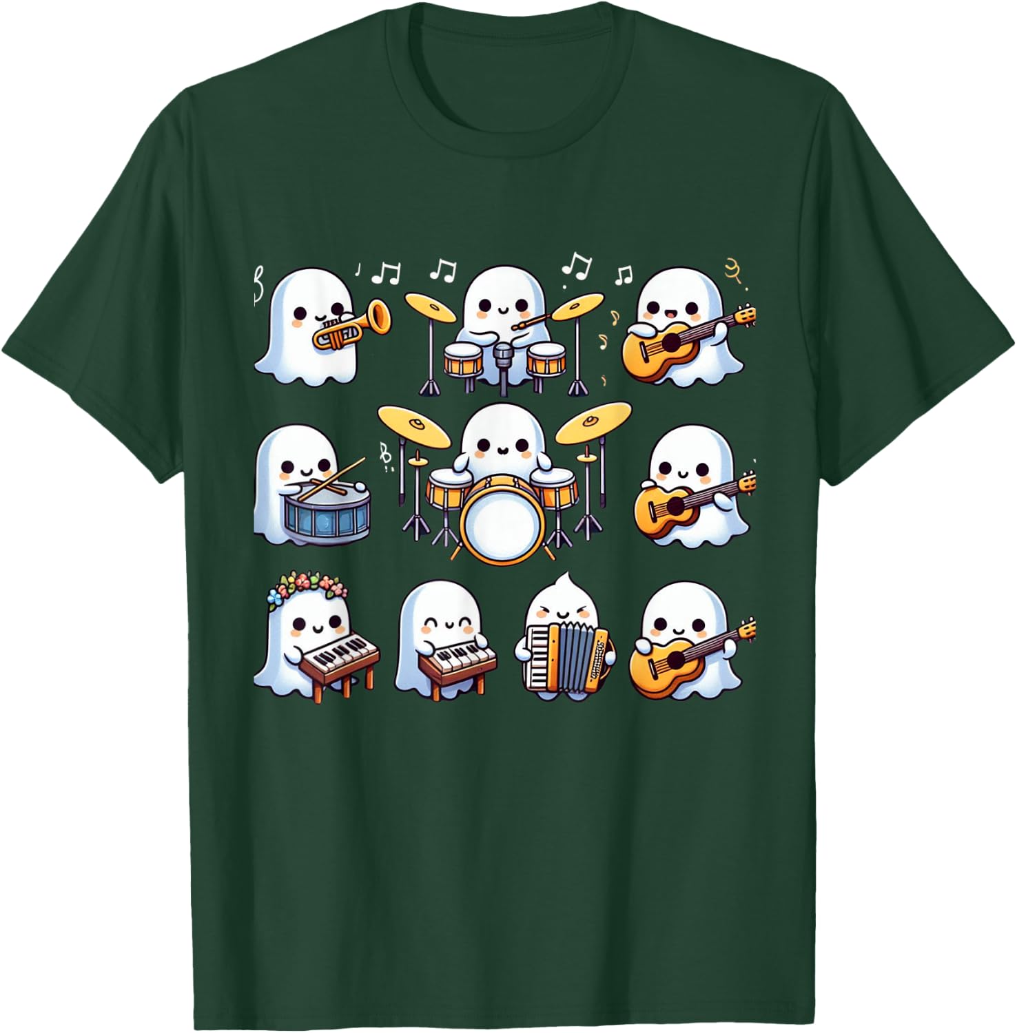 Halloween Music Teacher Ghost Playing Musical Instruments T-Shirt - T-Shirt | Forest