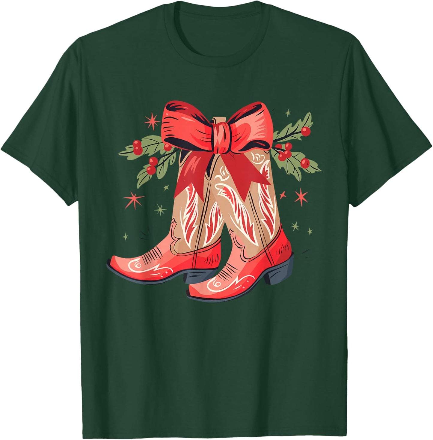 Merry And Bright Cowgirl Boot Christmas Western Cowboy T-Shirt - T-Shirt | Forest