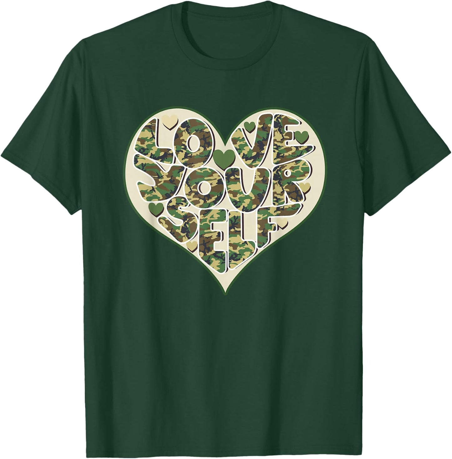 Love Yourself Camo Heart Valentine's Day Mental Health T-Shirt - T-Shirt | Forest