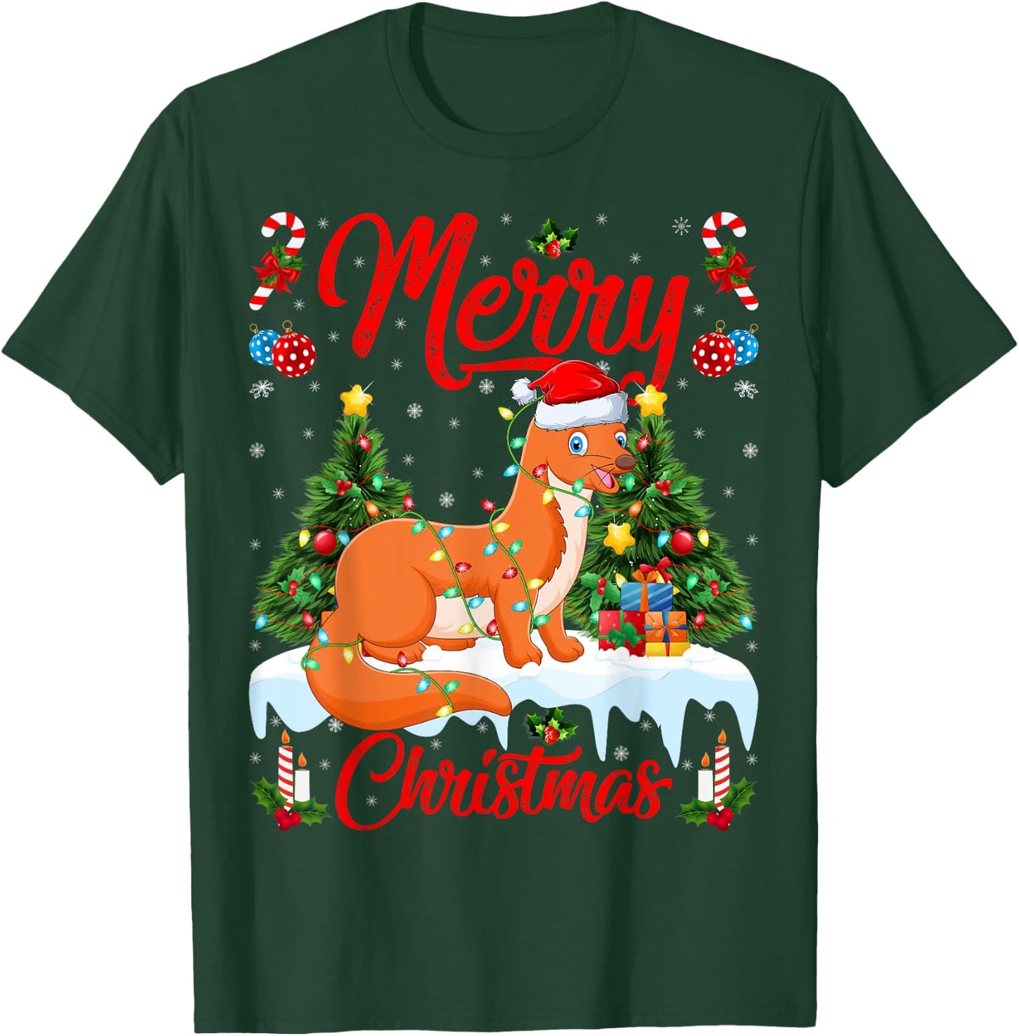 Weasel Merry Christmas Tree Lighting Weasel Xmas T-Shirt - T-Shirt | Forest