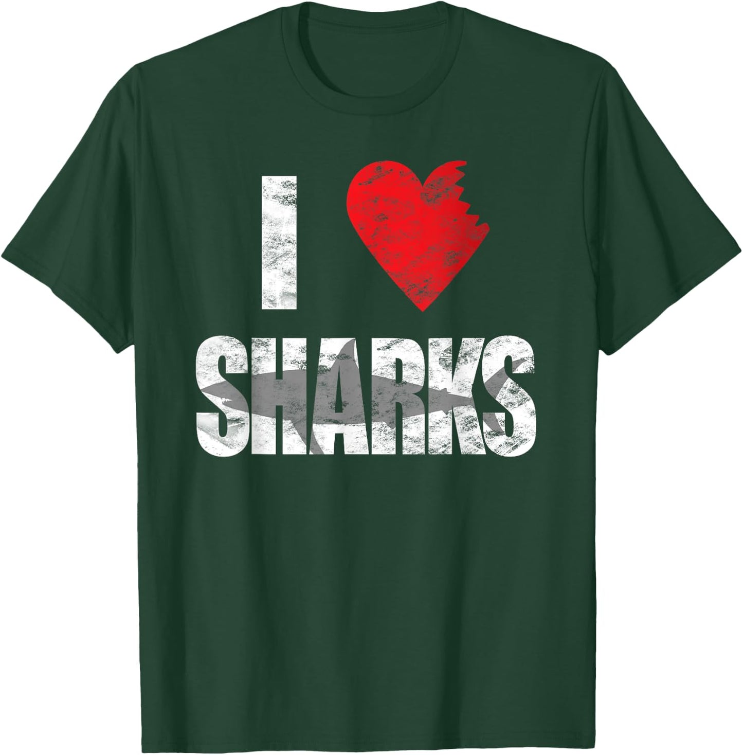 I Love Sharks Cool Shark Bite Heart Distressed T-Shirt - T-Shirt | Forest