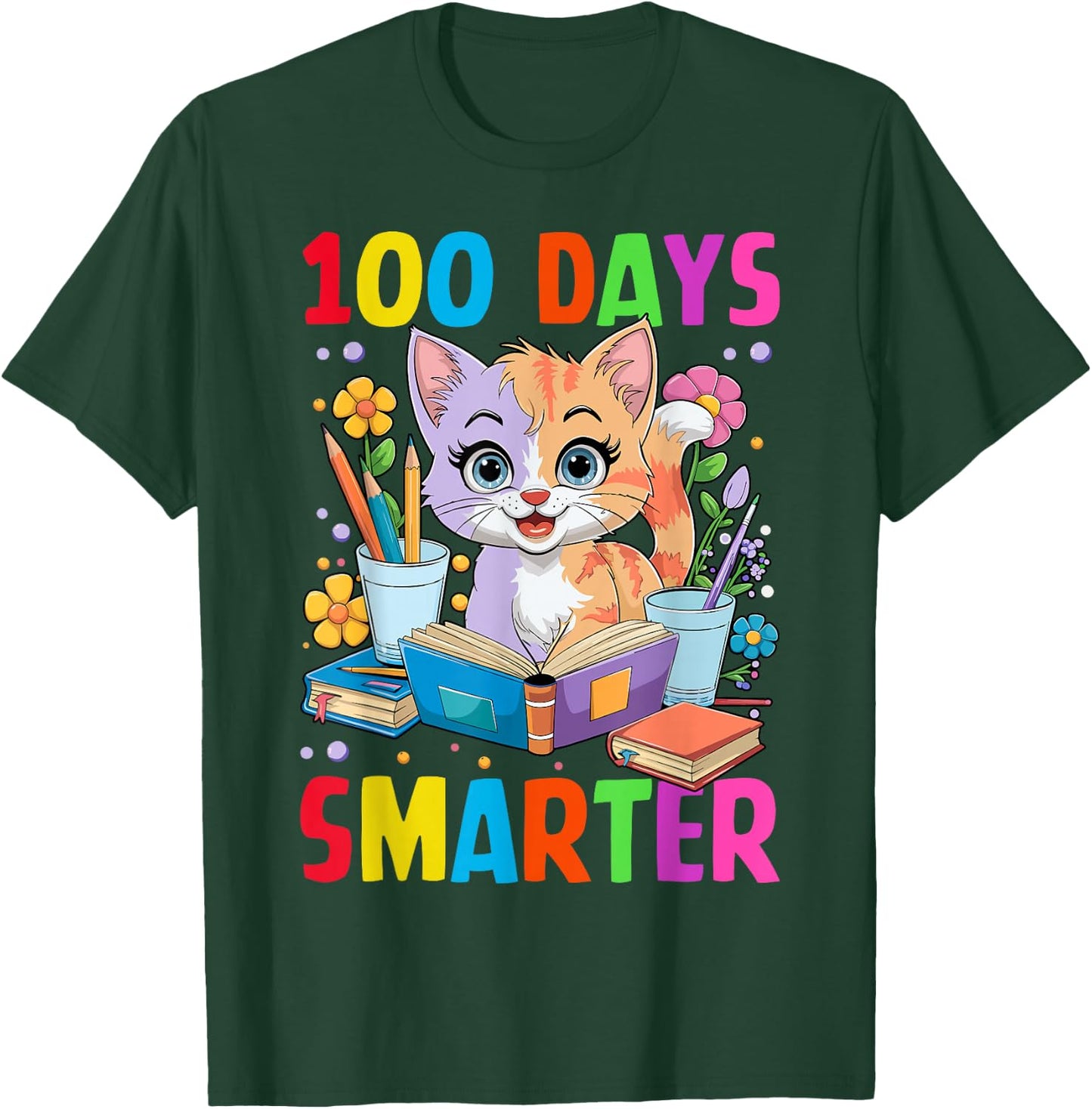 100 Days of School Cute Cat Boys Girls Kid 100th Day Teacher T-Shirt - T-Shirt | Forest