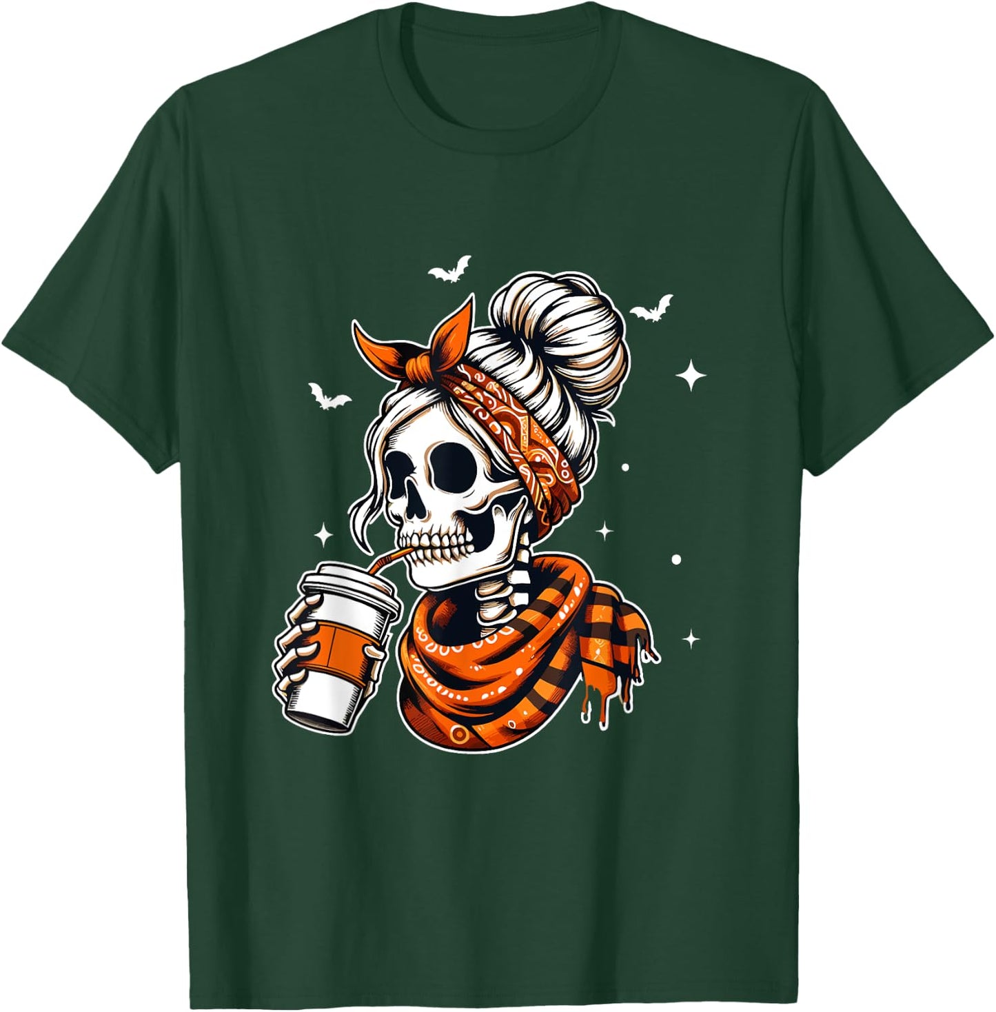 Halloween Skeleton Messy Bun Coffee Funny Halloween Mom T-Shirt - T-Shirt | Forest