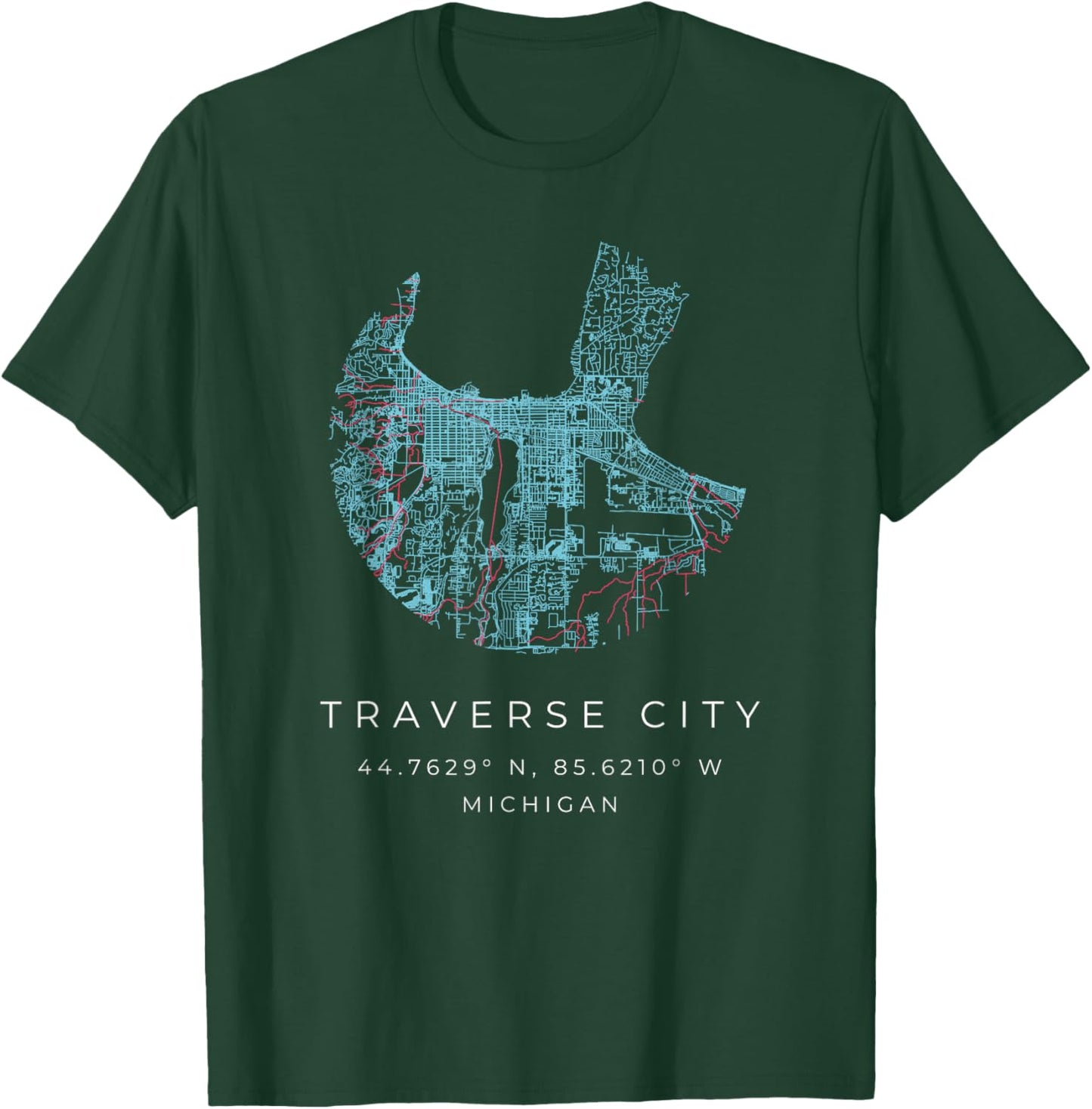 Traverse City Michigan Map Art Graphic with Coordinates T-Shirt - T-Shirt | Forest