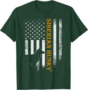 Vintage USA Siberian Husky Dog Silhouette American Flag T-Shirt - T-Shirt | Forest