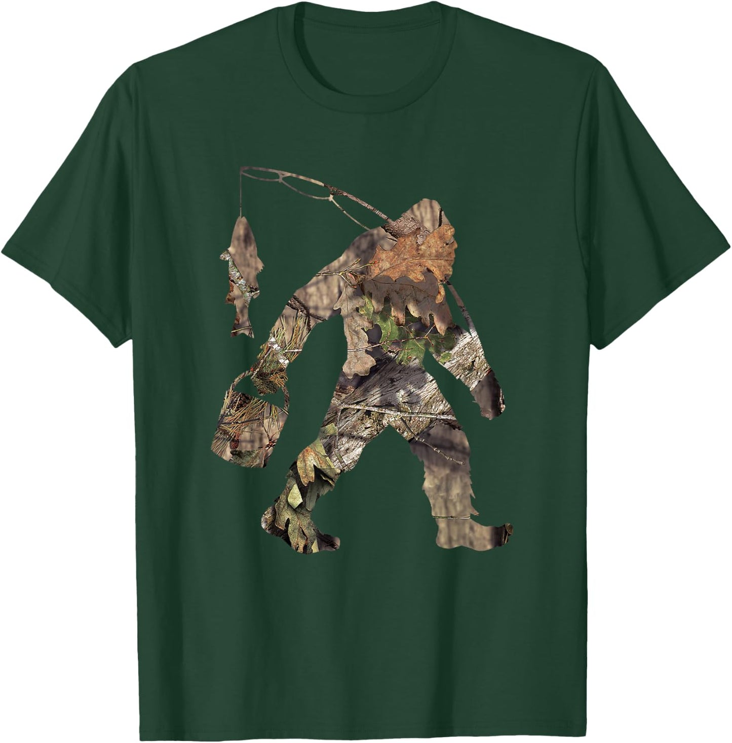 Fishing Bigfoot Carrying Fishing Pole Camo Sasquatch T-Shirt - T-Shirt | Forest