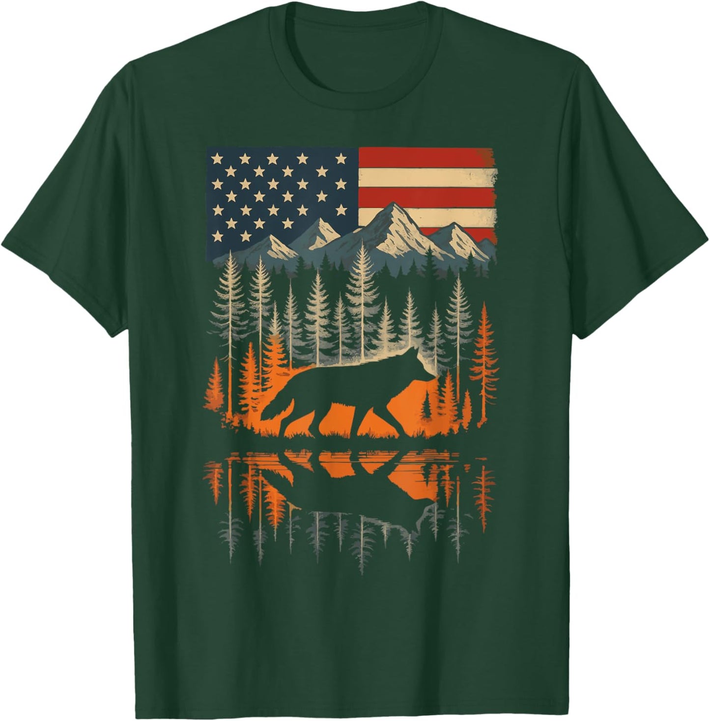 Wolf USA Flag Mountain Outdoor Wildlife Retro T-Shirt - T-Shirt | Forest