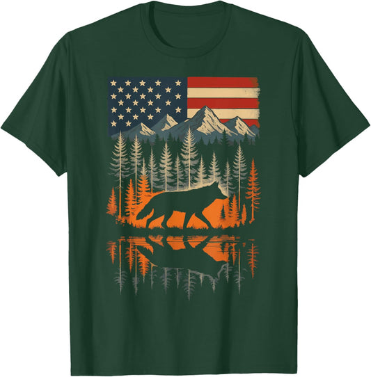 Wolf USA Flag Mountain Outdoor Wildlife Retro T-Shirt - T-Shirt | Forest