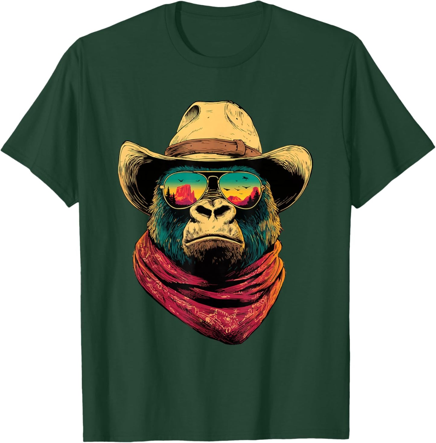 Colorful Cowboy Gorilla in Sunglasses Animal Sunset Western T-Shirt - T-Shirt | Forest
