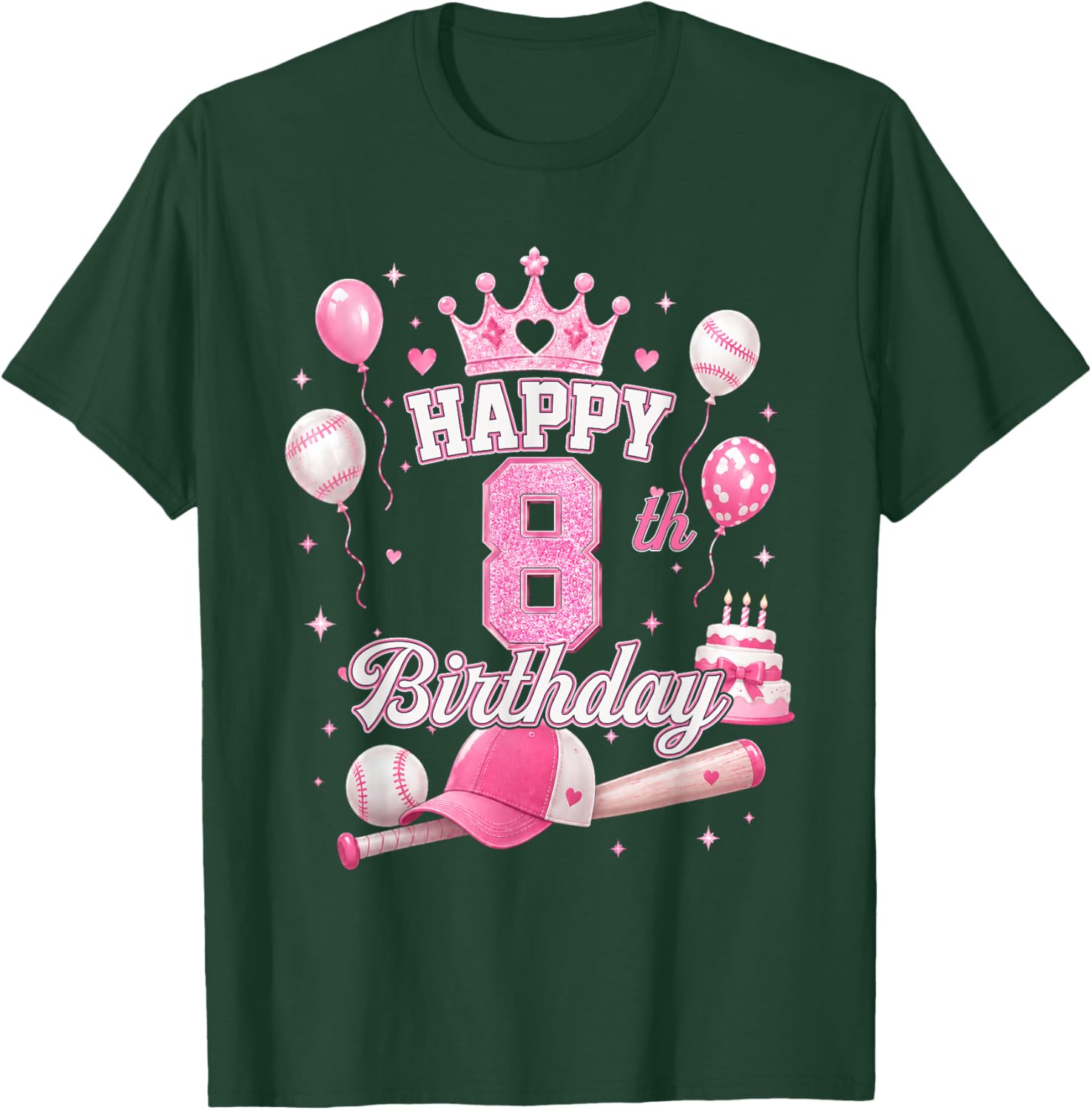Happy 8th Birthday Girl 8 Year Pink Baseball Princess Party T-Shirt - T-Shirt | Forest