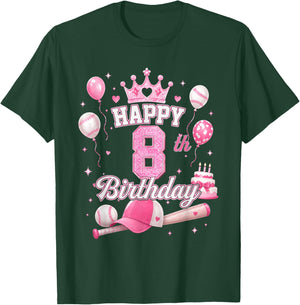Happy 8th Birthday Girl 8 Year Pink Baseball Princess Party T-Shirt - T-Shirt | Forest