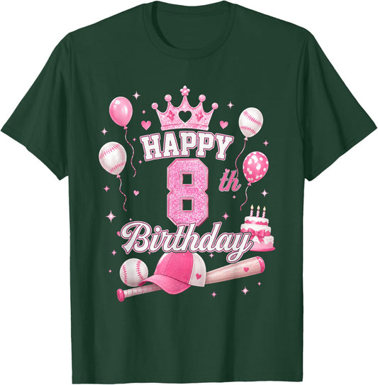 Happy 8th Birthday Girl 8 Year Pink Baseball Princess Party T-Shirt - T-Shirt | Forest
