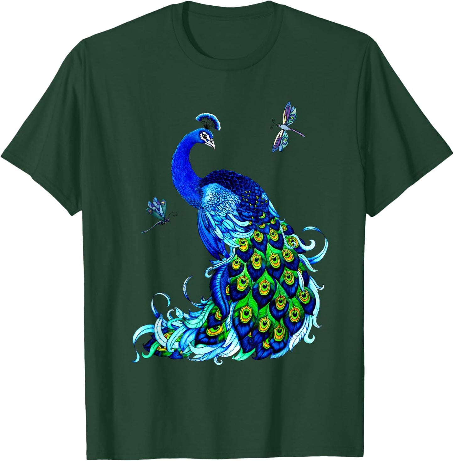 Blue Peacock and Dragonflies T-Shirt - T-Shirt | Forest