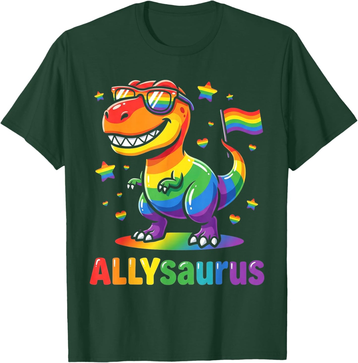Allysaurus Dinosaur LGBTQ Ally Pride Support Rainbow Flag T-Shirt - T-Shirt | Forest