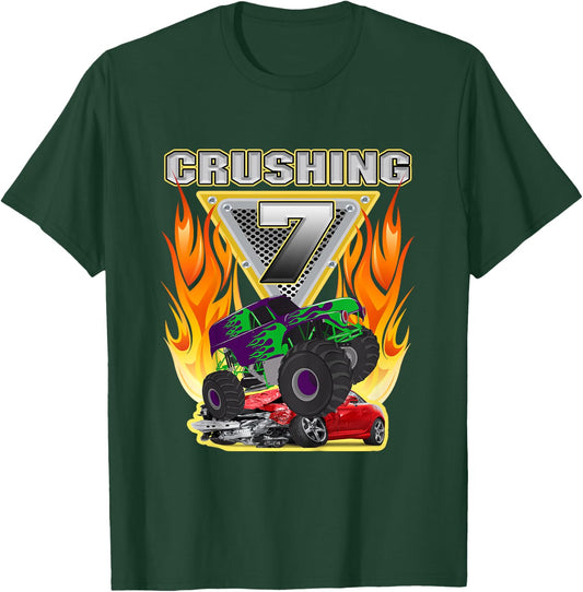 Monster Truck Crushing being Seven 7 Years Old 7th Birthday T-Shirt - T-Shirt | Forest