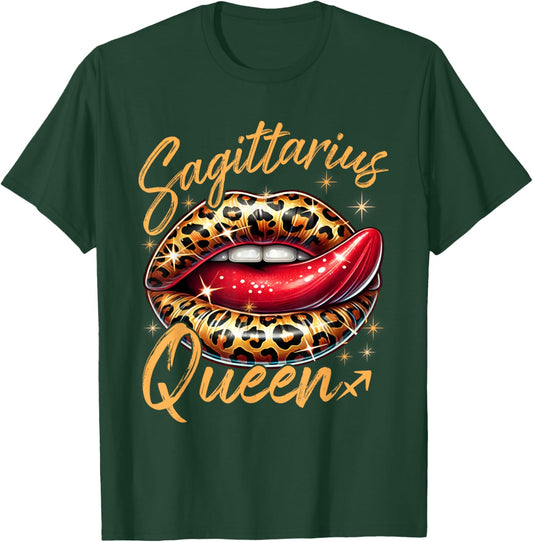 Sagittarius Queen Zodiac Sign With Leopard Print Juicy Lips T-Shirt - T-Shirt | Forest