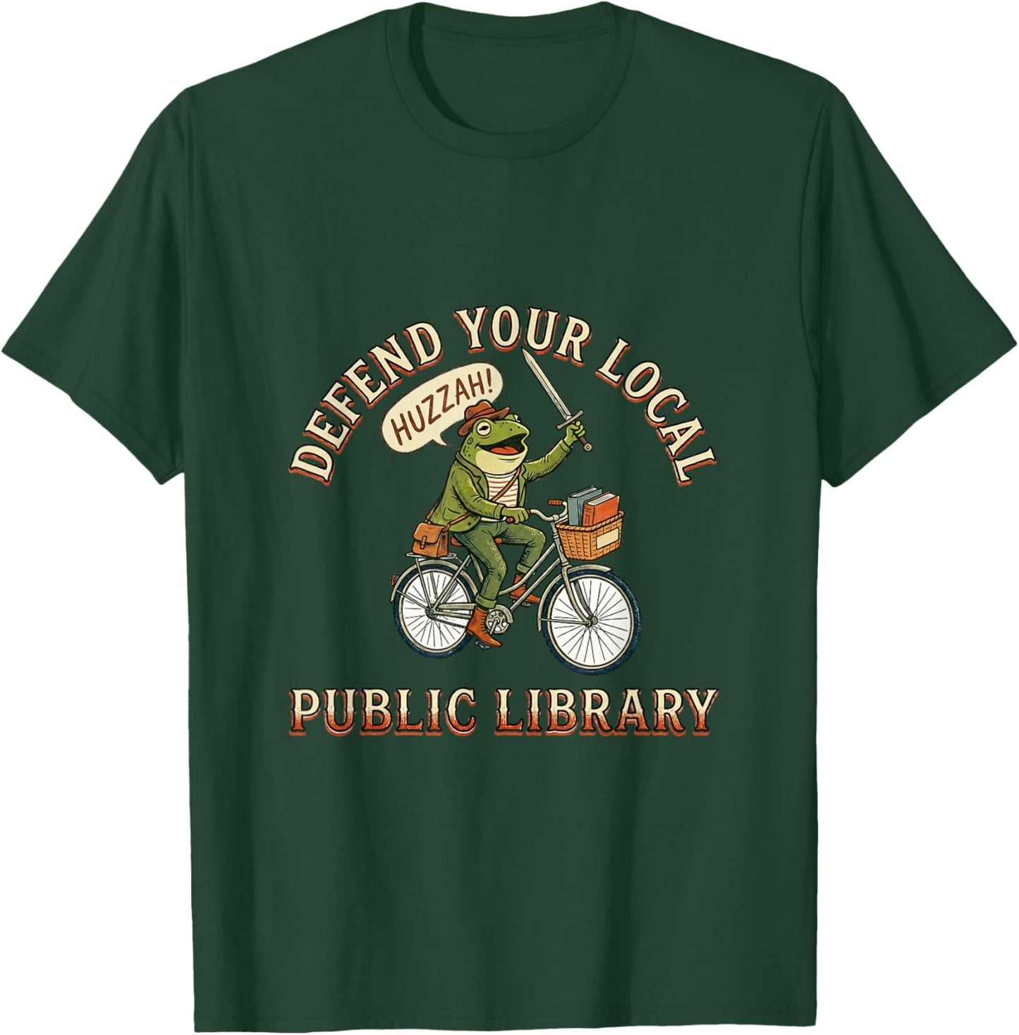 Defend Your Local Library Frog Huzzah T-Shirt - T-Shirt | Forest
