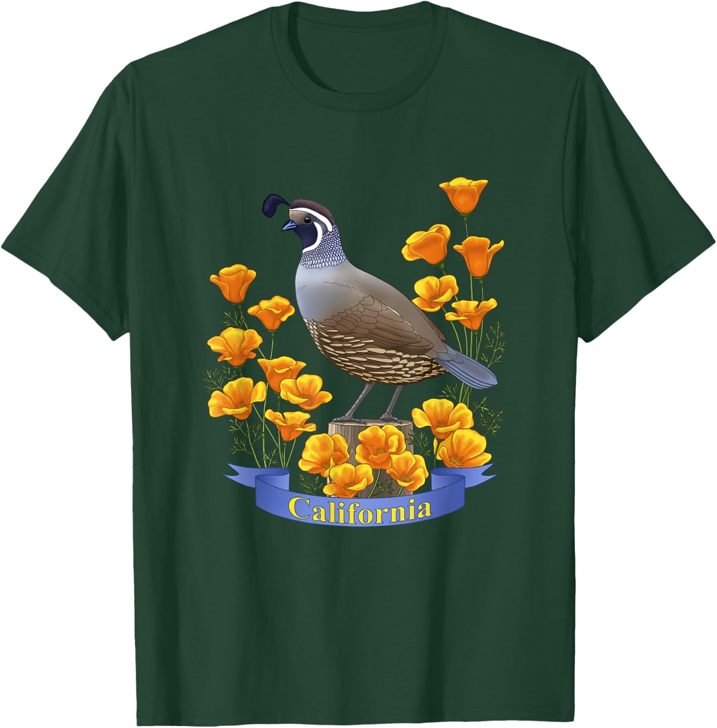 California Valley Quail State Bird & Golden Poppy Flowers T-Shirt - T-Shirt | Forest