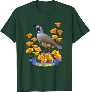 California Valley Quail State Bird & Golden Poppy Flowers T-Shirt - T-Shirt | Forest