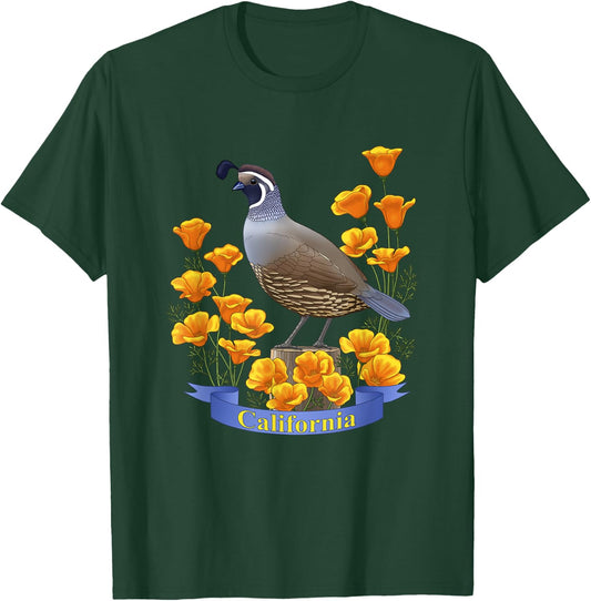 California Valley Quail State Bird & Golden Poppy Flowers T-Shirt - T-Shirt | Forest