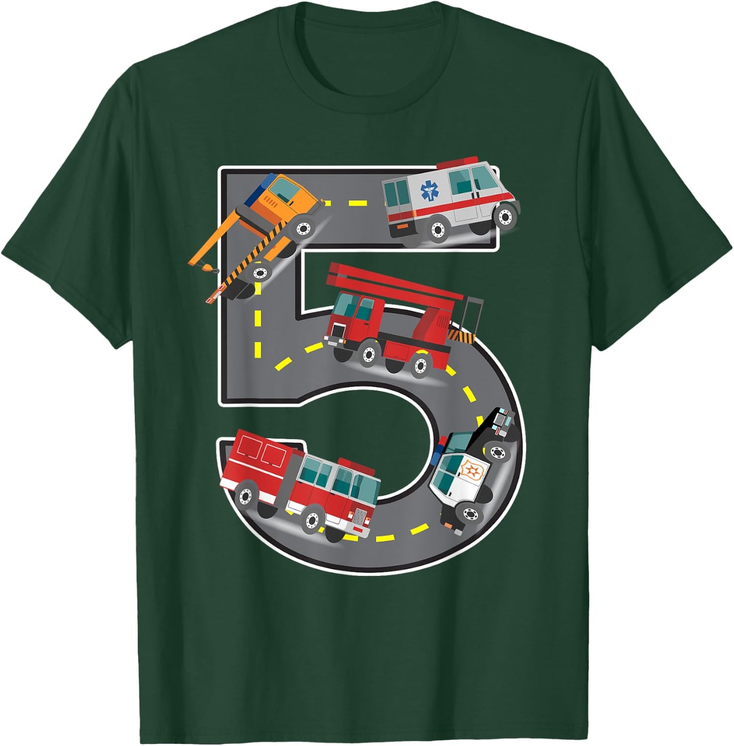 Five Year Old 5th Birthday Fire Truck Ambulance Police Car T-Shirt - T-Shirt | Forest